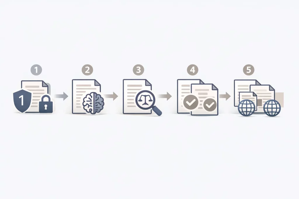 “Hybrid workflow: AI draft → legal review → QA”