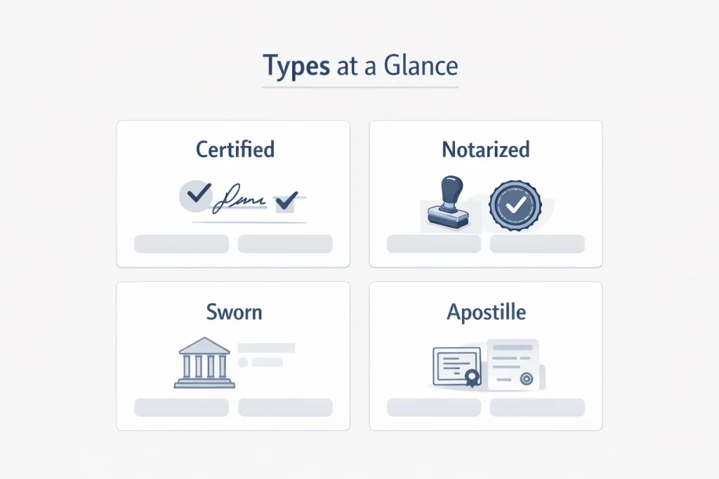 Four-card grid showing certified, notarized, sworn translation, and apostille