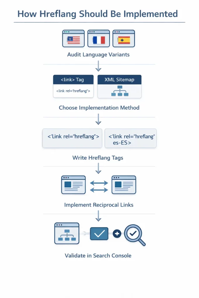 Multilingual Website Best Practices for SEO, Hreflang & UX 2 Hreflang implementation workflow infographic