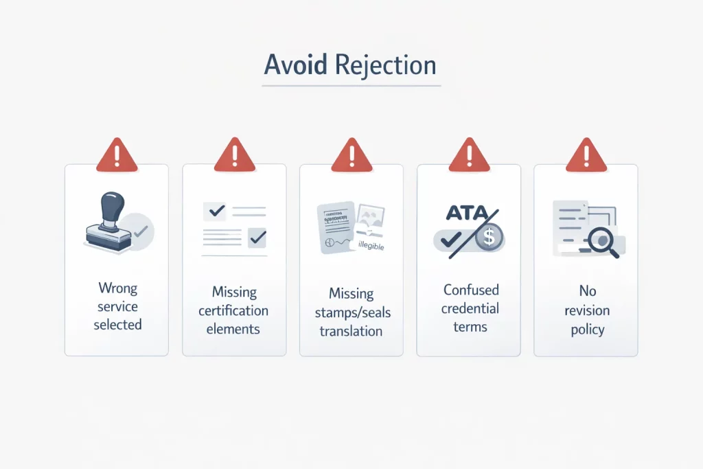 Icons representing common translation submission mistakes like missing stamps or incomplete certification statement