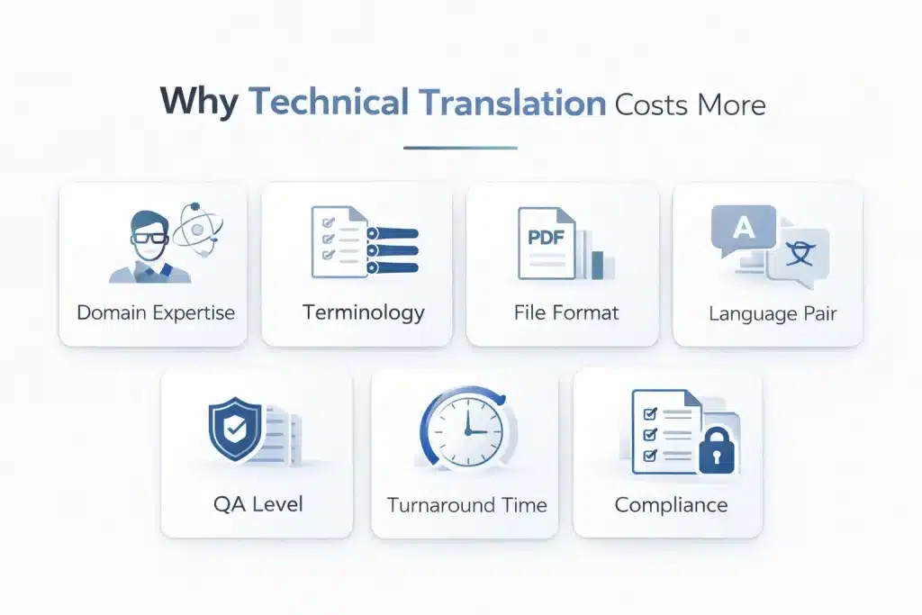 How Much Does Technical Translation Cost? (2026 Pricing Guide) 3 Seven factors that increase the cost of technical translation compared to general translation.