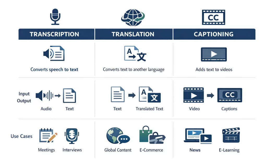 Transcription vs Translation vs Captioning
