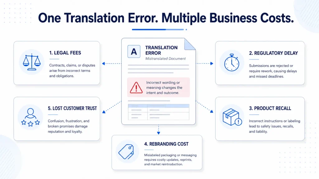 Translation Errors: Types, Business Risks & Prevention 2 Business translation error cost visual showing legal, regulatory, recall, rebranding, and revenue loss risks