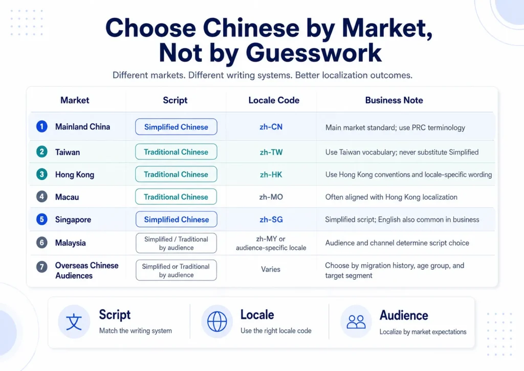 Chinese localization decision matrix for Mainland China Taiwan Hong Kong and Singapore