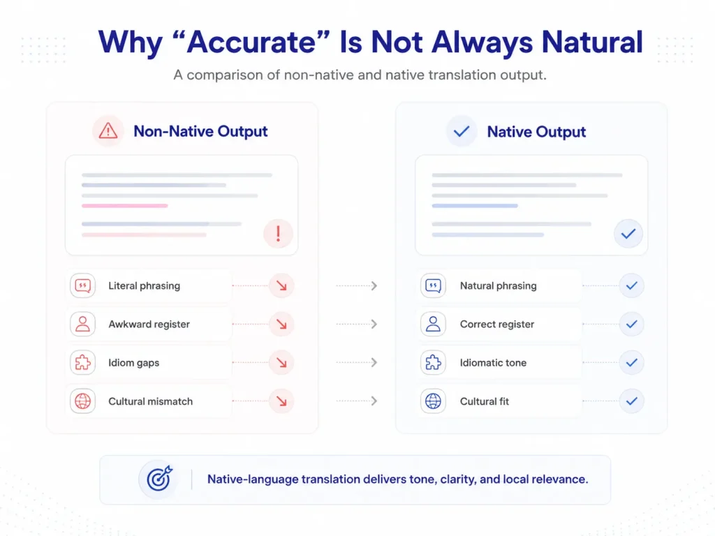 Comparison of native and non-native translation showing natural tone, register, idiom, and cultural fit