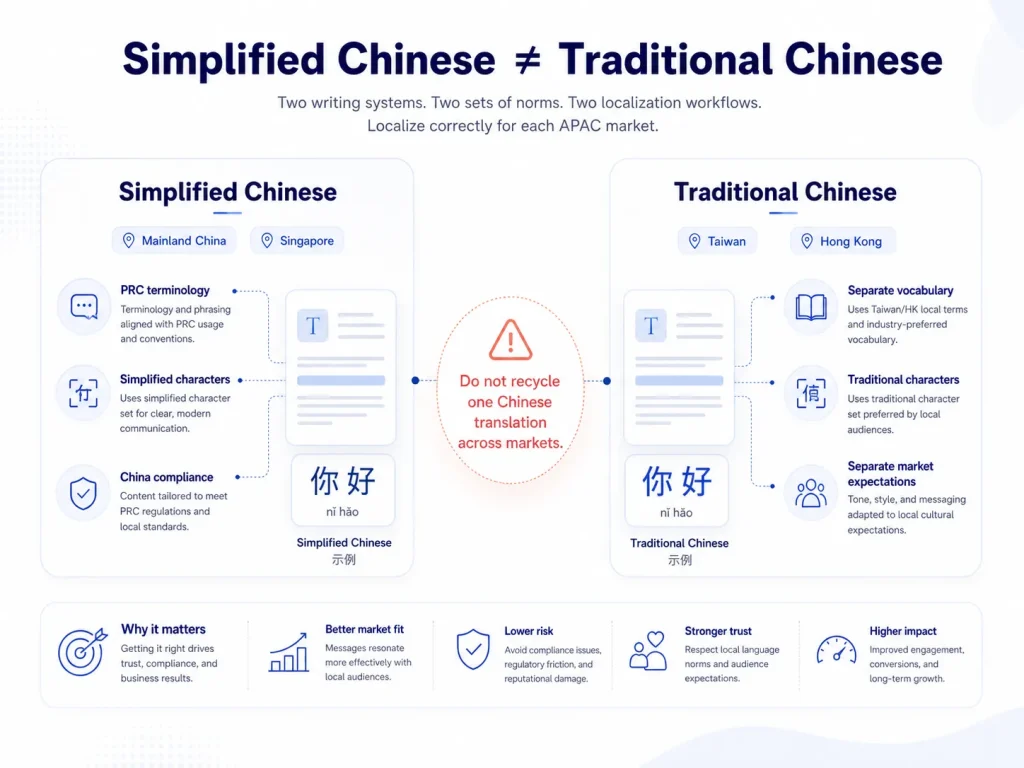 Comparison showing why Simplified Chinese and Traditional Chinese require separate APAC localization workflows