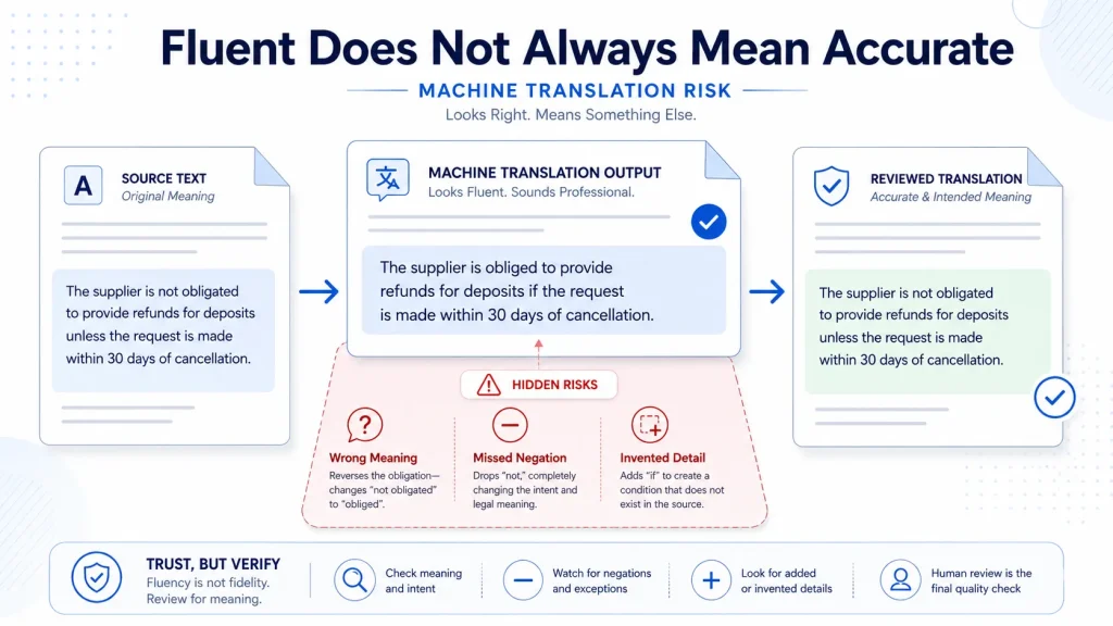 Translation Errors: Types, Business Risks & Prevention 1 Machine translation error visual showing fluent text with incorrect meaning hidden behind a warning signal
