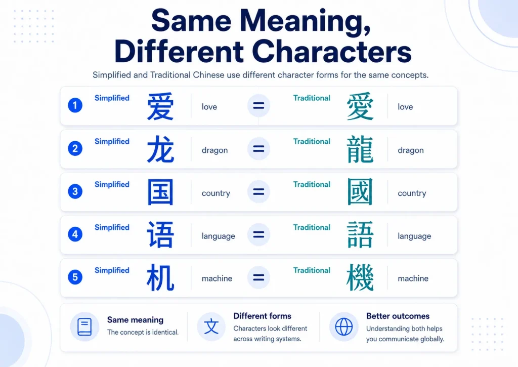Simplified and Traditional Chinese character examples showing visual differences